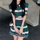 Short-sleeve Striped Slim Fit Polo Shirt / Mini A-line Skirt