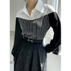 Color-block Stripe-panel Blouse Black - One Size