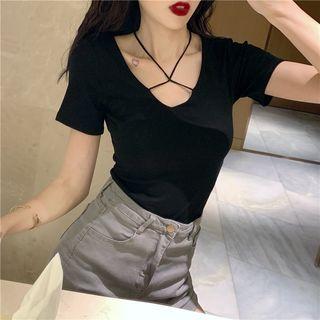 V-neck Cross-strap Short-sleeve T-shirt