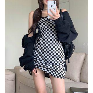Spaghetti Strap Checkerboard Mini Dress / Cropped Cardigan
