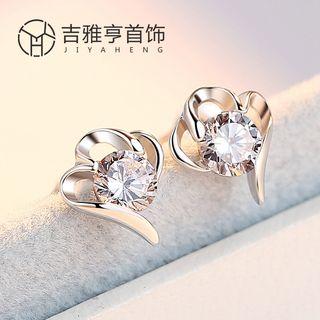 Rhinestone Heart Stud Earring 1 Pair - White - One Size