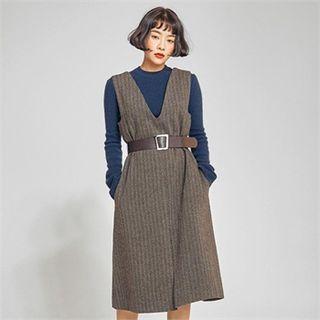 From Seoul Sleeveless Herringbone Dress With Belt Brown - One Size