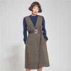 From Seoul Sleeveless Herringbone Dress With Belt Brown - One Size
