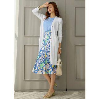 Deep-slit Long Rib-knit Cardigan