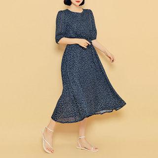 Puff-sleeve Dotted Midi Dress With Sash