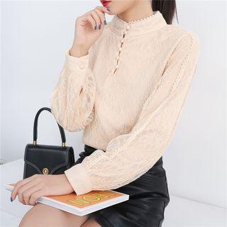 Mock-turtleneck Balloon-sleeve Lace Top