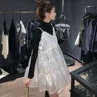 Faux Shearling Jacket / Spaghetti Strap Mini A-line Dress