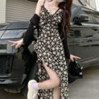 Spaghetti Strap Ruffle Trim Maxi A-line Dress / Lightweight Cardigan