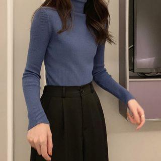 High-neck Ribbed Plain Knit Top