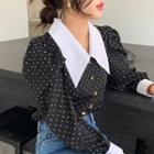 Puff-sleeve Contrast Collar Dotted Blouse Black - One Size