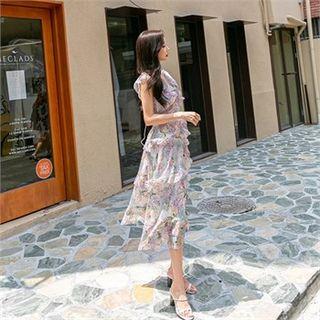 V-neck Floral Print Chiffon Dress Sky Blue - One Size