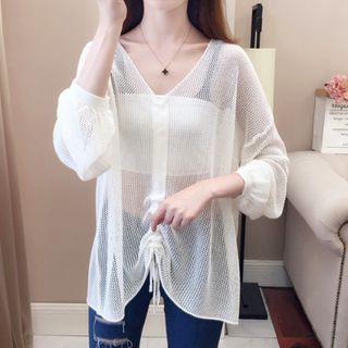 Long-sleeve Drawcord Sheer Knit Top