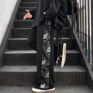 Bear Print Panel Wide-leg Pants