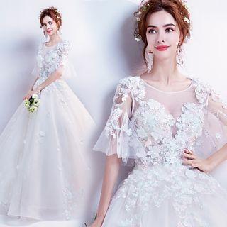 Elbow-sleeve Floral Detail A-line Evening Gown
