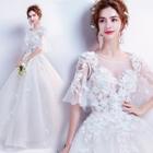 Elbow-sleeve Floral Detail A-line Evening Gown