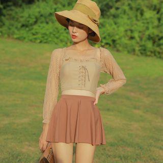 Set: Long-sleeve Lace Up Tankini Top + Swim Skirt