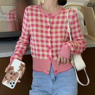 Round Neck Gingham Cardigan