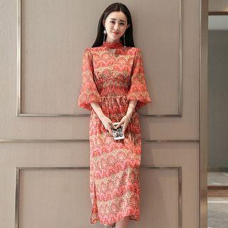 Printed Lantern-sleeve Midi A-line Dress
