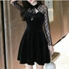 Long-sleeve Dotted Panel Mini A-line Collared Dress