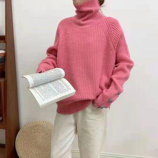 Turtleneck Plain Button Sleeve Loose Fit Sweater