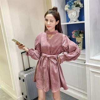 Pompom Cut Out Front Long Sleeve Corduroy Dress
