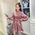 Pompom Cut Out Front Long Sleeve Corduroy Dress