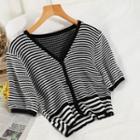 Short-sleeve Striped Button-up Cropped Knit Top Stripes - Black - One Size