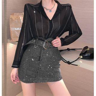 Rhinestone Mini Skirt / Striped Shirt