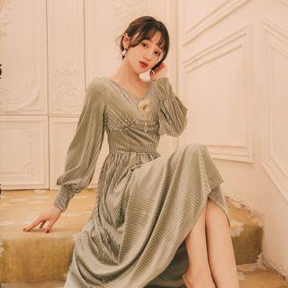 Puff-sleeve Corduroy Midi A-line Dress