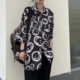 3/4-sleeve Smiley Print Shirt