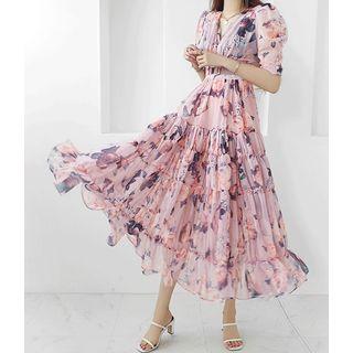 Button-back Floral Print Chiffon Dress