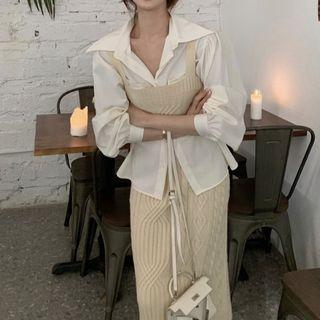 Long-sleeve Shirt/knit Camisole/knit Midi Skirt