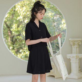 Set: V-neck Short-sleeve Blouse + A-line Skirt Set - Blouse - Black - One Size / A-line - Black - One Size