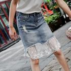Lace Hem A-line Denim Skirt