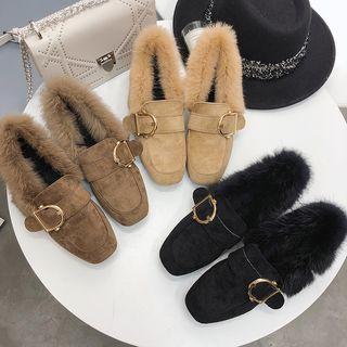 Square-toe Block Heel Furry-trim Buckled Loafers