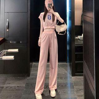 Short-sleeve Lettering T-shirt / Striped Wide-leg Pants