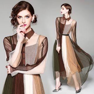 Color Block A-line Maxi Mesh Dress