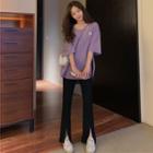 Daisy-embroidered Loose T-shirt / Slited Boot-cut Pants