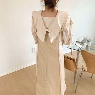Contrast Stitching Blouse / Pleated Panel Midi A-line Pinafore Dress