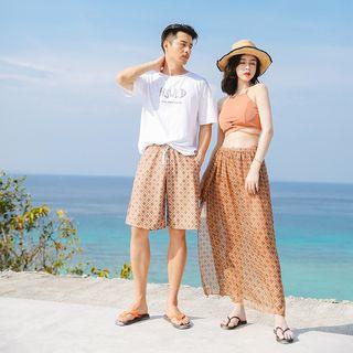 Women Set: Patterned Bikini + Maxi Skirt / Men Patterned Swim Shorts