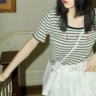 Short-sleeve Floral Embroidered Striped T-shirt