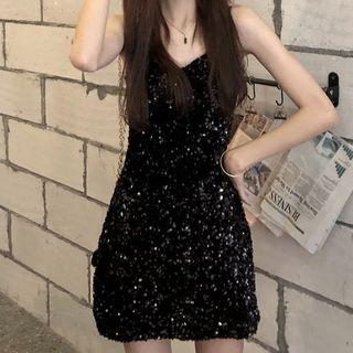 Spaghetti Strap Sequined Mini Dress Black - One Size