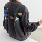 Puff-sleeve Flower-embroidered Zip-up Jacket