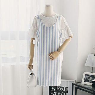 Set : Frill Sleeve Top + Pinstripe Strap Dress
