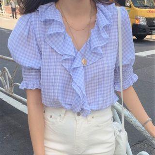 Short-sleeve Gingham Ruffled Blouse Blue - One Size