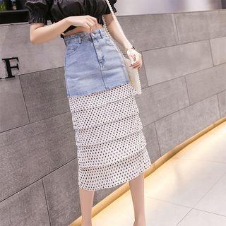 Polka Dot Chiffon Paneled Denim Skirt