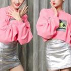 Printed Pullover / Sliver Faux-leather Skirt