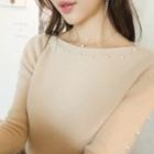 Faux-pearl Trim Flare-cuff Furry Knit Top