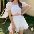 Set: Puff-sleeve Swim Top + Swim Skirt + Shorts