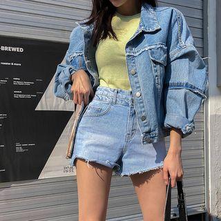Pocket-detail Fray-trim Denim Jacket Light Blue - One Size